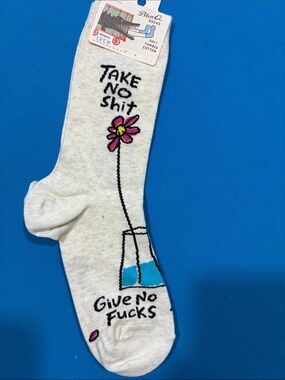 Blue Q White Crew Socks with Pink Flower & Blue Vase Graphic